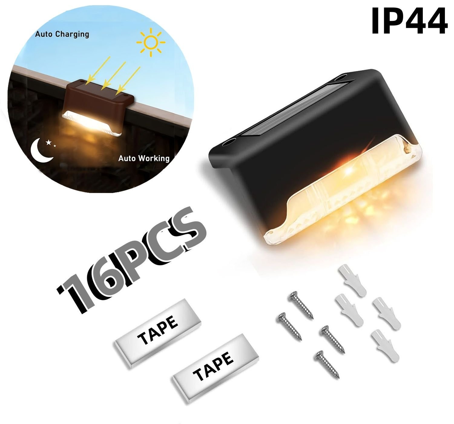 16PCS solar outdoor light, spring camping outdoor light, outdoor LED step light, solar charging, suitable for balconies, terraces, stairs, fences, courtyards, gardens, villas, driveways, paths