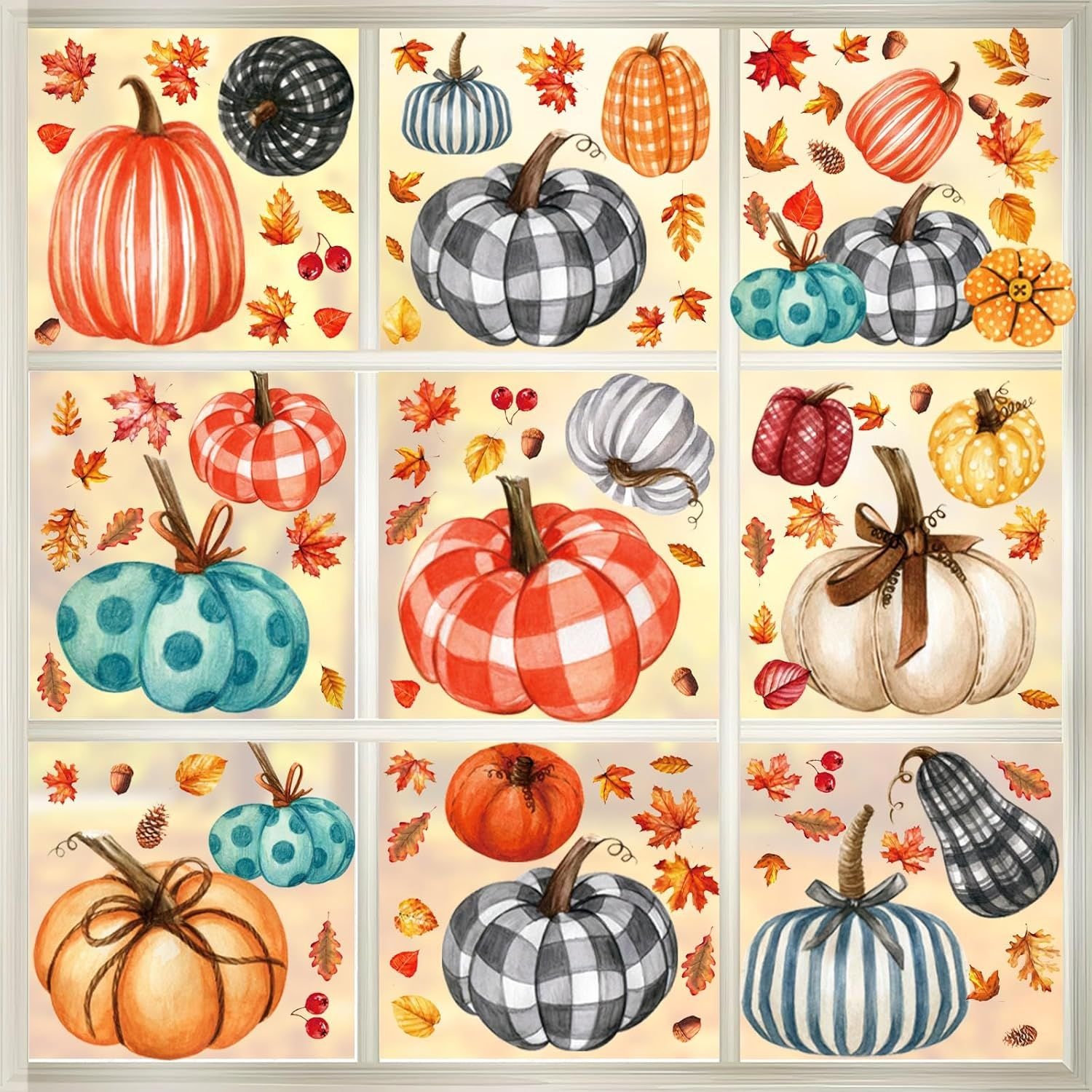 98 PCS Thanksgiving Window Clings 9 Sheets Fall Window Clings Pumpkin Maple Leaves Window Decals Double-Sided Window Stickers for Autumn Thanksgiving Harvest Party Home Window Glass Mirror Decor