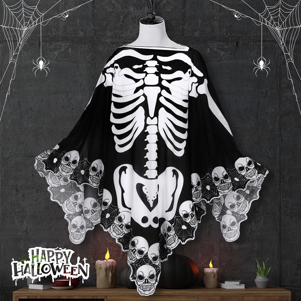 Halloween Skeleton Poncho Skull Bones Lace Skeleton Cape Shawl Halloween Costume Day of The Dead Poncho for Halloween Horror Theme Trick or Treat Birthday Party