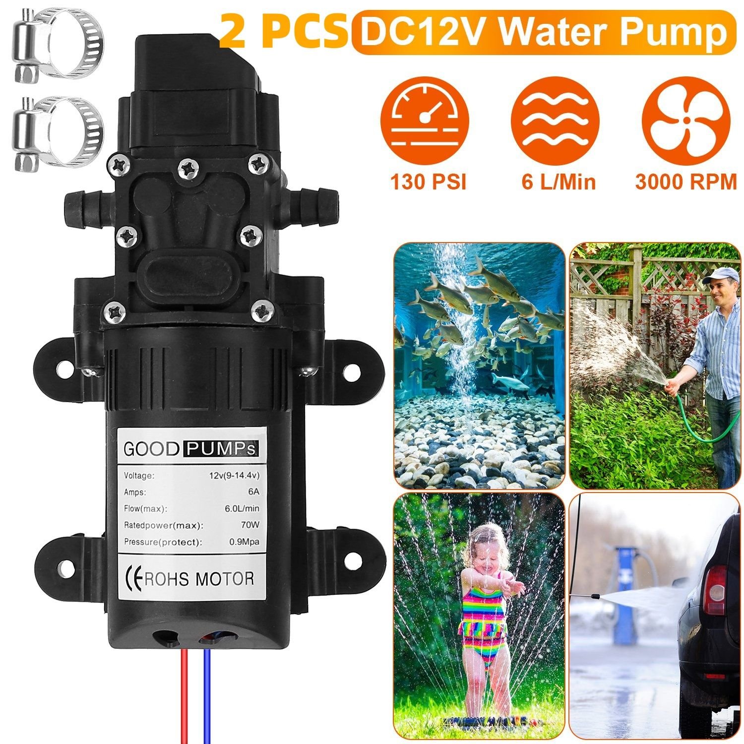 12V Water Pump with 2 Hose Clamps 130PSI Self Priming Sprayer Pump 70W Electric Diaphragm Water Pump 6L/Min for RV Camper Marine Boat