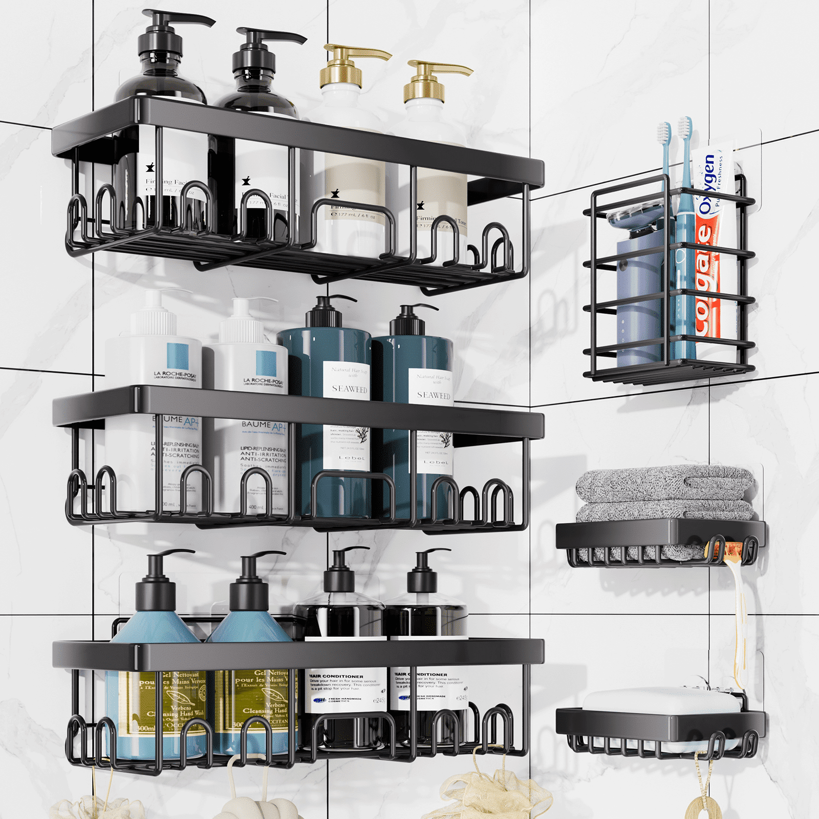 Large Capacity Bathroom Organizers and Storage, No Drilling Wall-Mounted Basket, Black