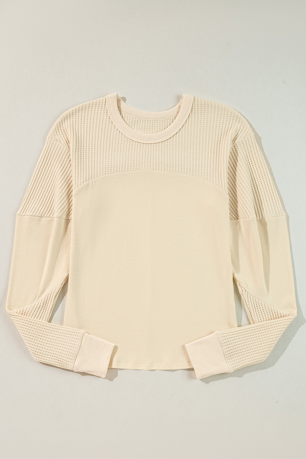 Beige Thermal Knit Patchwork Exposed Seam Long Sleeve Top - Image 5