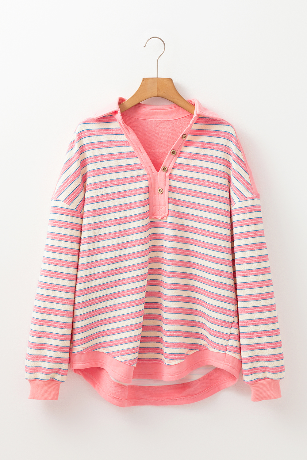 Pink Stripe Buttoned V Neck Collared Drop Shoulder Top - Image 7