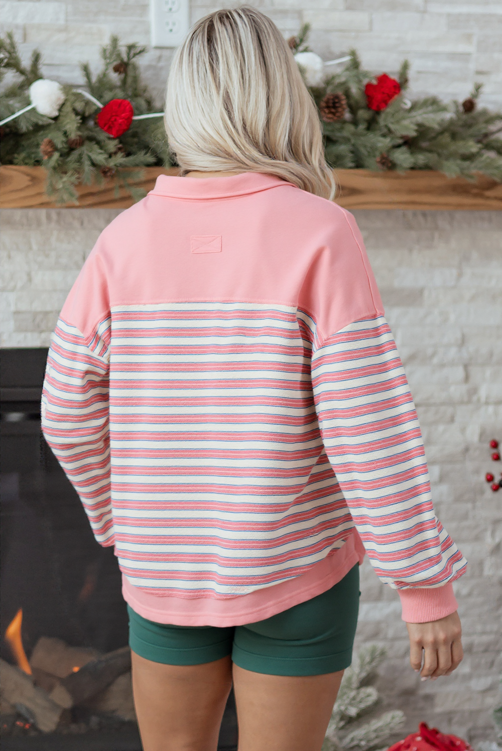 Pink Stripe Buttoned V Neck Collared Drop Shoulder Top - Image 3