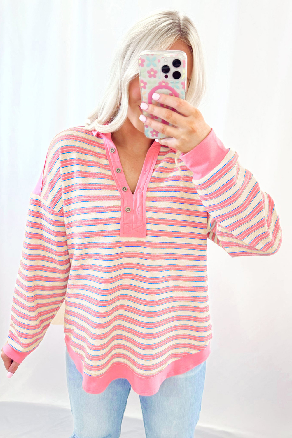 Pink Stripe Buttoned V Neck Collared Drop Shoulder Top - Image 6