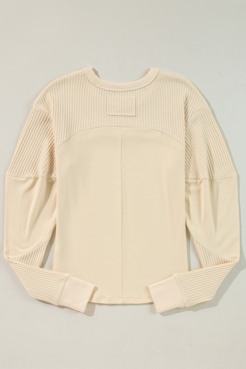 Beige Thermal Knit Patchwork Exposed Seam Long Sleeve Top - Image 6