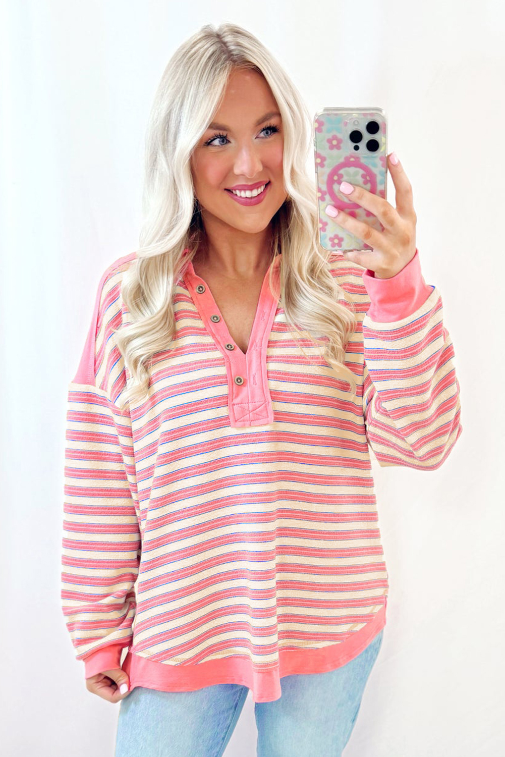 Pink Stripe Buttoned V Neck Collared Drop Shoulder Top - Image 5