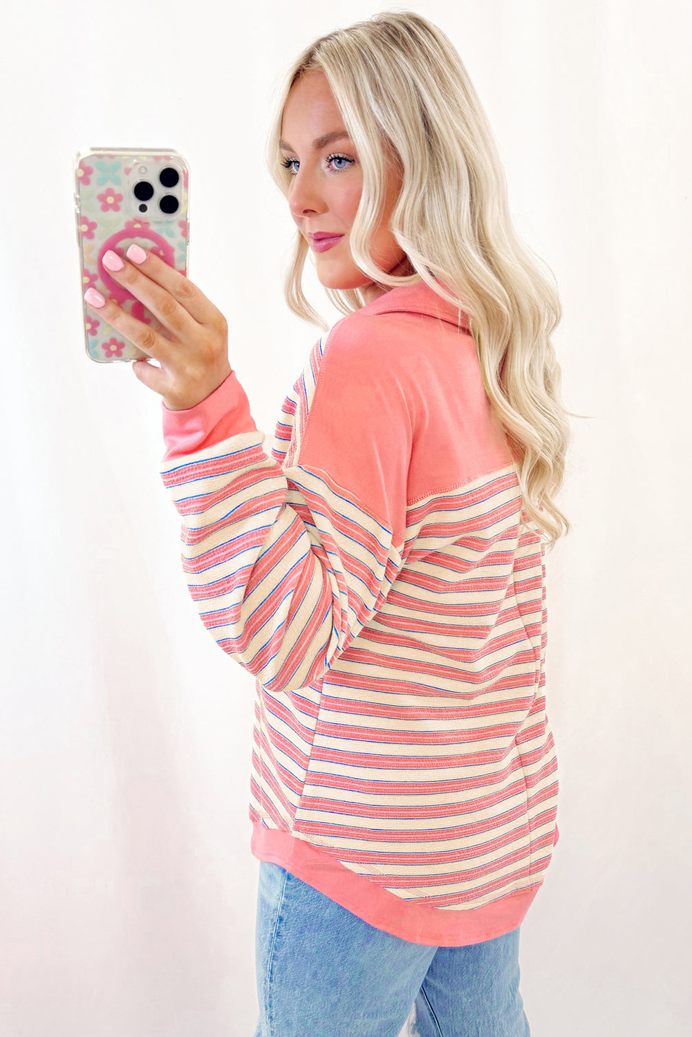 Pink Stripe Buttoned V Neck Collared Drop Shoulder Top - Image 4