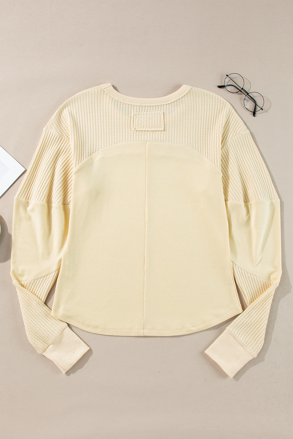 Beige Thermal Knit Patchwork Exposed Seam Long Sleeve Top - Image 4
