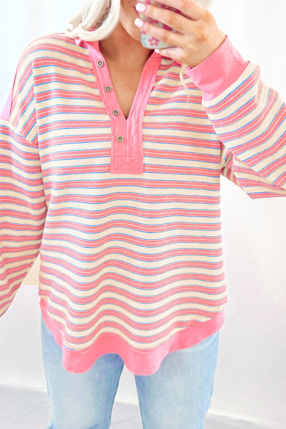 Pink Stripe Buttoned V Neck Collared Drop Shoulder Top - Image 2