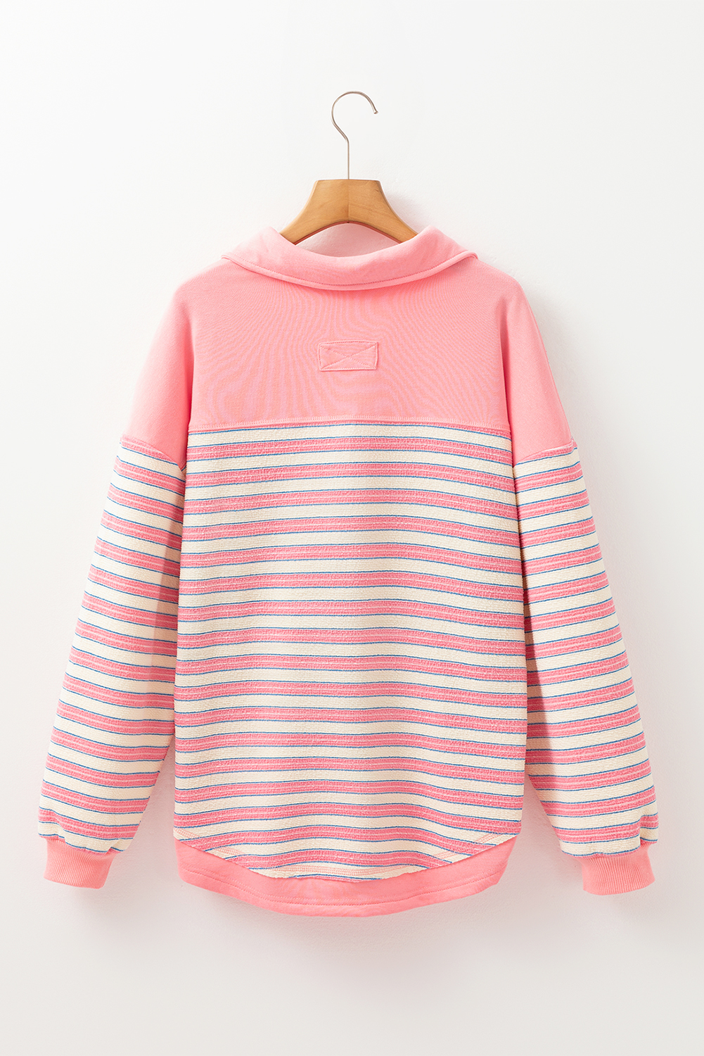 Pink Stripe Buttoned V Neck Collared Drop Shoulder Top - Image 8