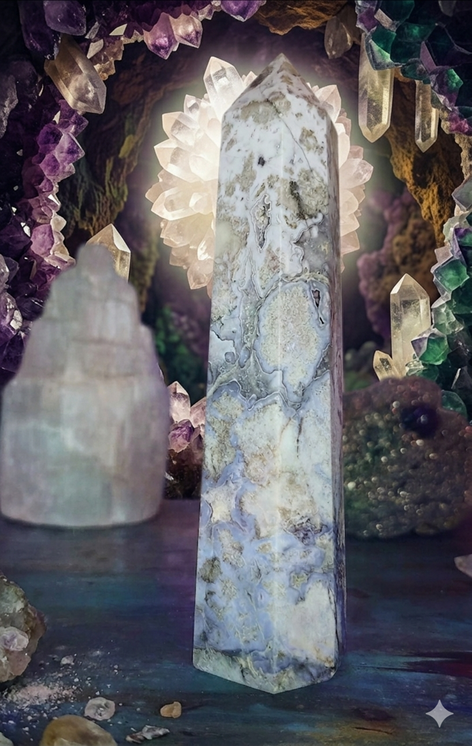 Luminous Rainbow Flower Agate Tower – UV Reactive Crystal with Blooming Energy