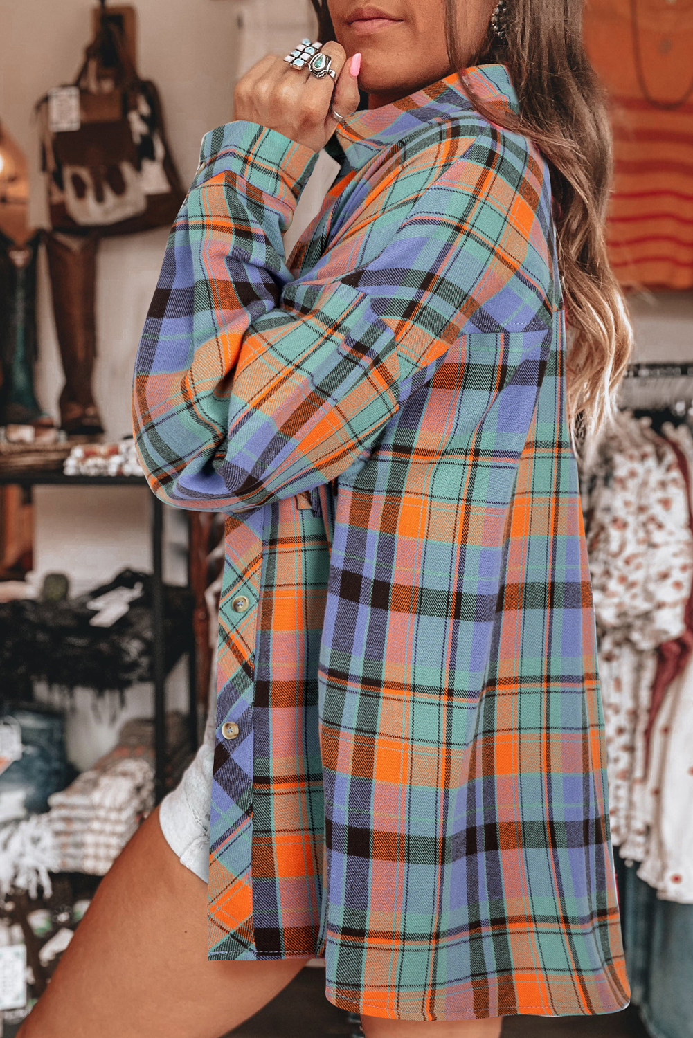 Orange Plaid Print Loose Vintage Shirt - Image 10