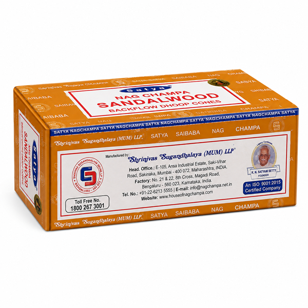 Sandalwood Backflow Dhoop Cones back label with usage instructions