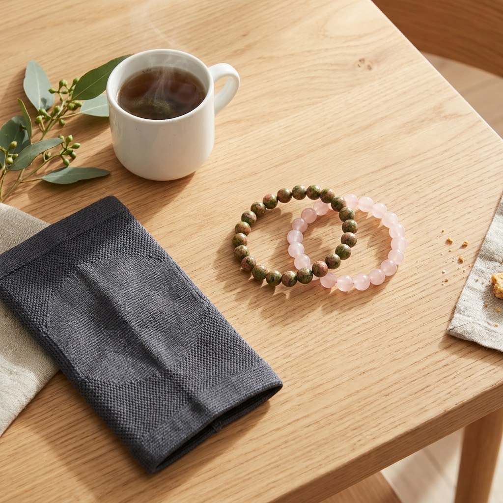 Rose quartz crystals bracelet displayed on wooden table with tea